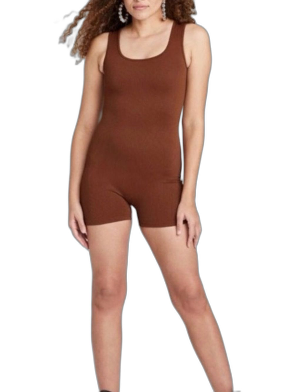 NWT Wild Fable Ribbed Reversible Romper Brown Medium Square Neck Shorts Active